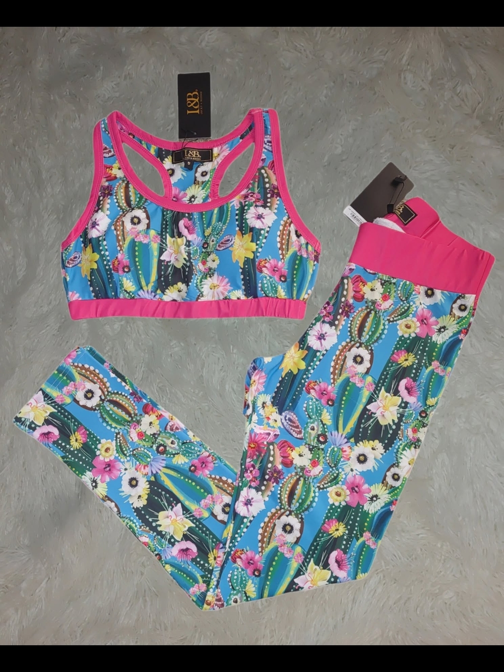 L&B Tropical Floral Cactus Workout Set - Aqua & Hot Pink Trim